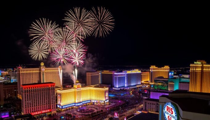 Las Vegas Strip fireworks display on New Year's Eve with hotels illuminated