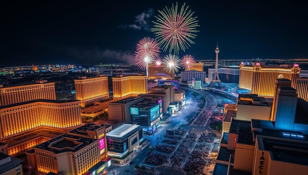Las Vegas Strip fireworks display on New Year's Eve with hotels illuminated