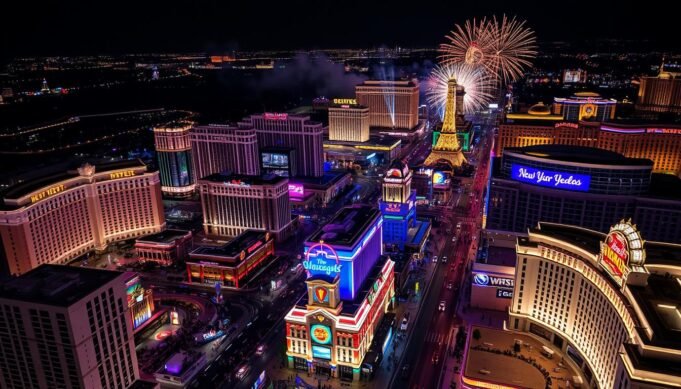 Las Vegas Strip hotels lit up at night with New Year's fireworks