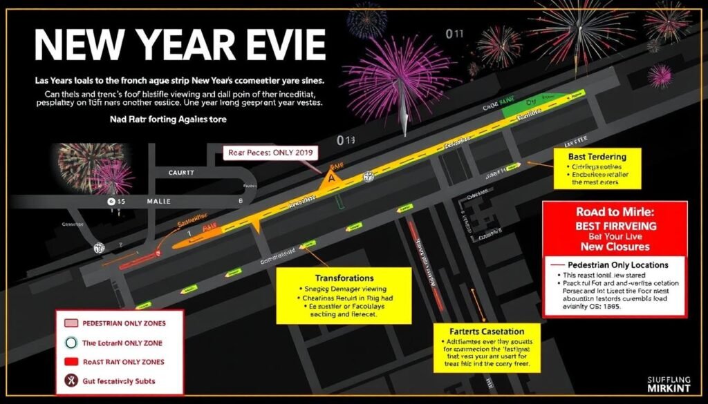 Las Vegas Strip map showing New Year's Eve road closures and viewing areas