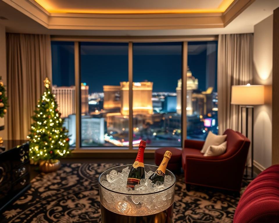 Luxury hotel room decorated for 2026 NYE Vegas celebration