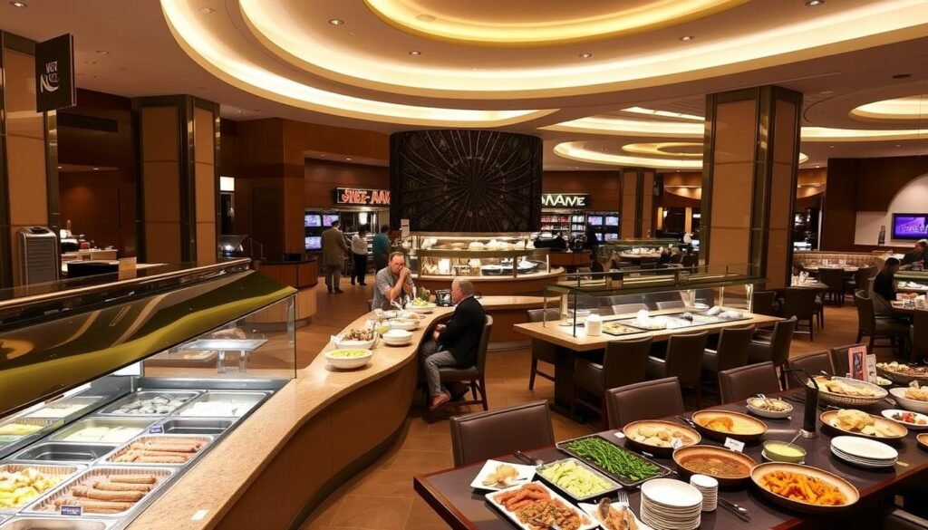MGM Grand Buffet featuring diverse food stations and modern dining area