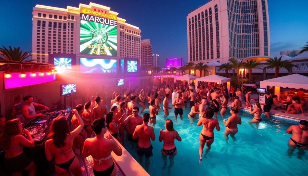 Marquee Dayclub at The Cosmopolitan during a pool party with DJ