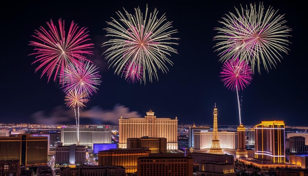 New Year's Eve fireworks over multiple Las Vegas Strip hotels at midnight