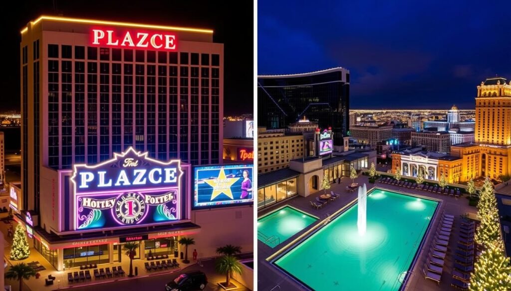 Plaza Hotel & Casino exterior and rooftop pool deck for New Year's Eve fireworks