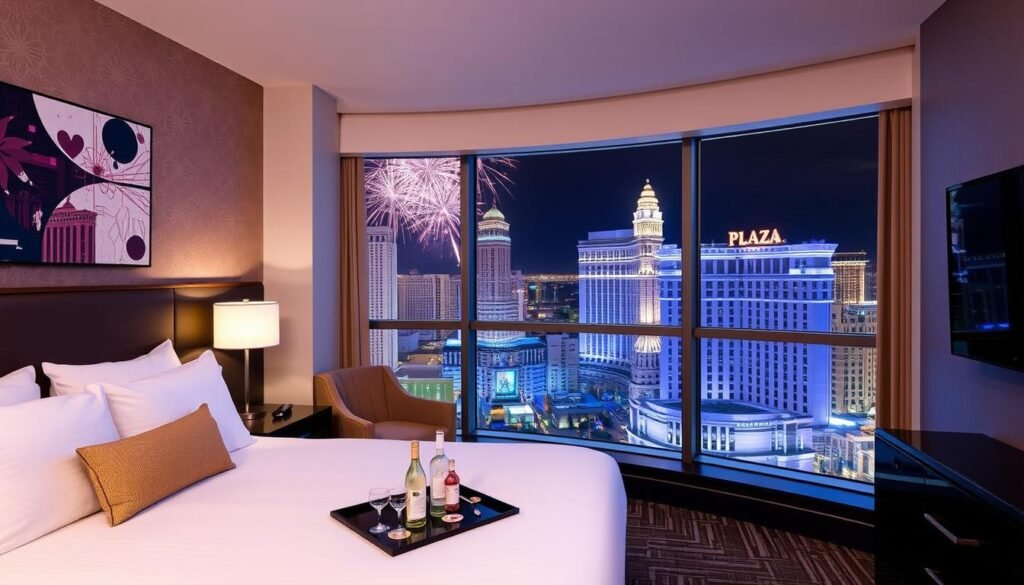 Plaza Hotel fireworks view room for 2026 NYE Vegas packages