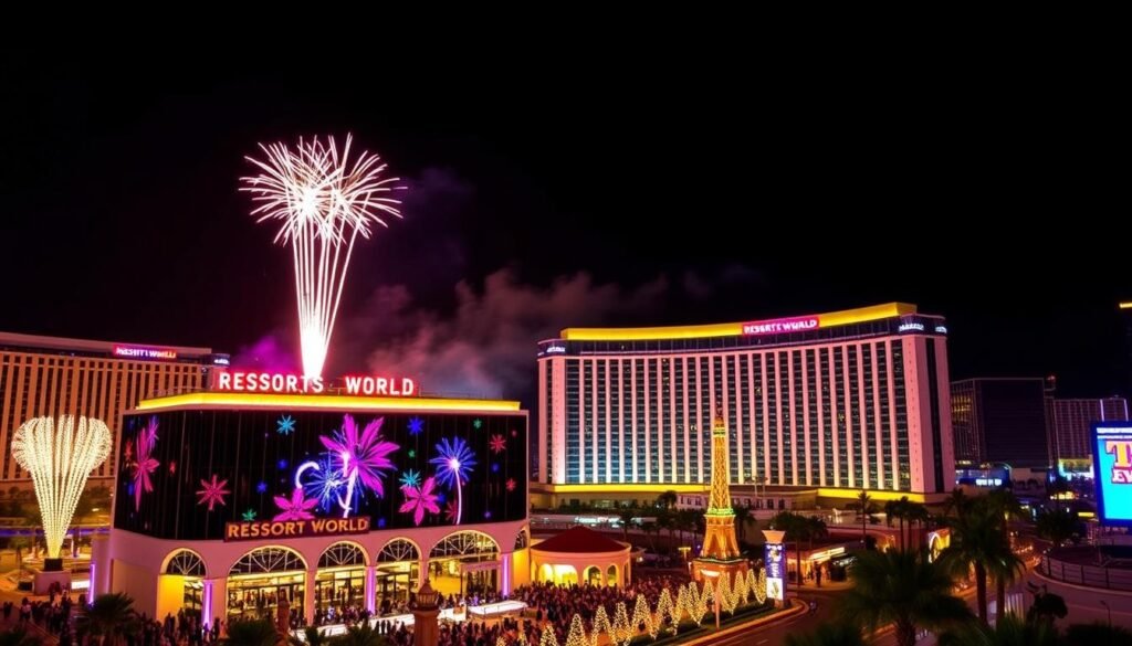 Resorts World Las Vegas New Year's Eve celebration with fireworks