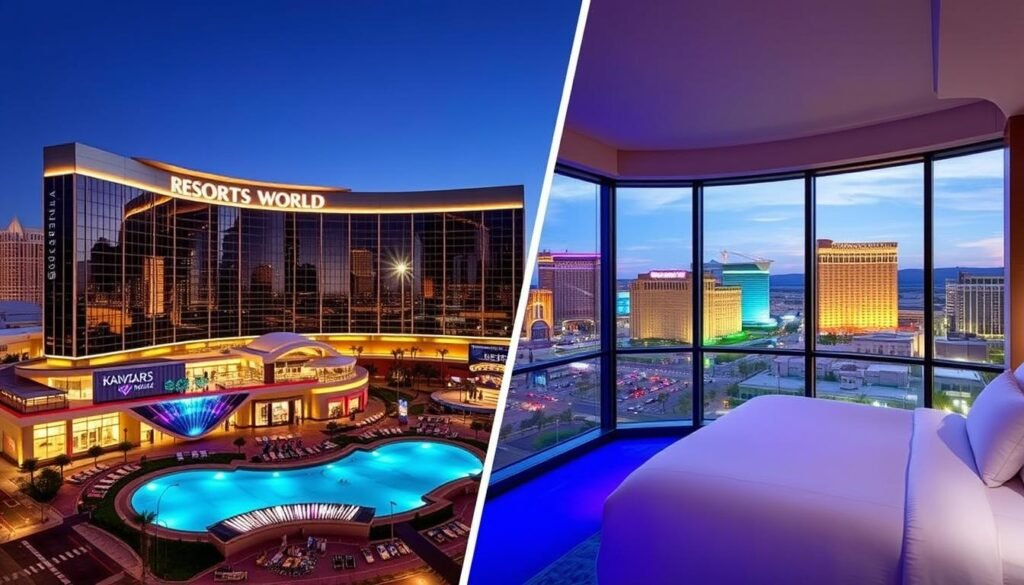 Resorts World Las Vegas hotel complex and rooms with Strip views