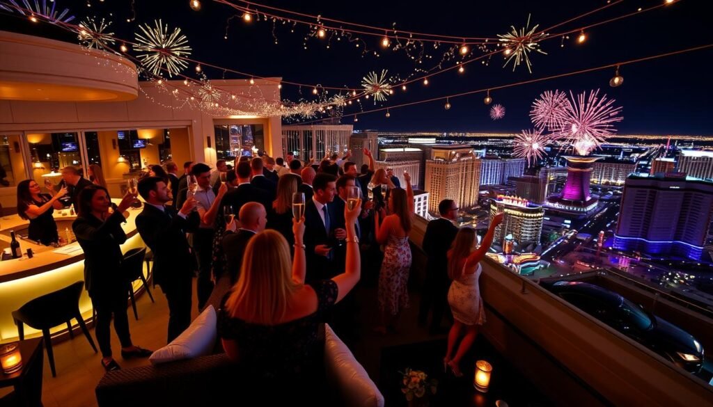 Rooftop New Year's Eve party at a Las Vegas hotel with fireworks view