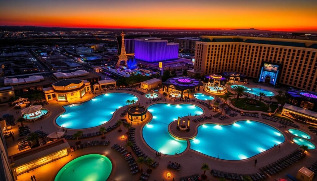 Sunset view of Las Vegas hotel pools illuminated for evening events