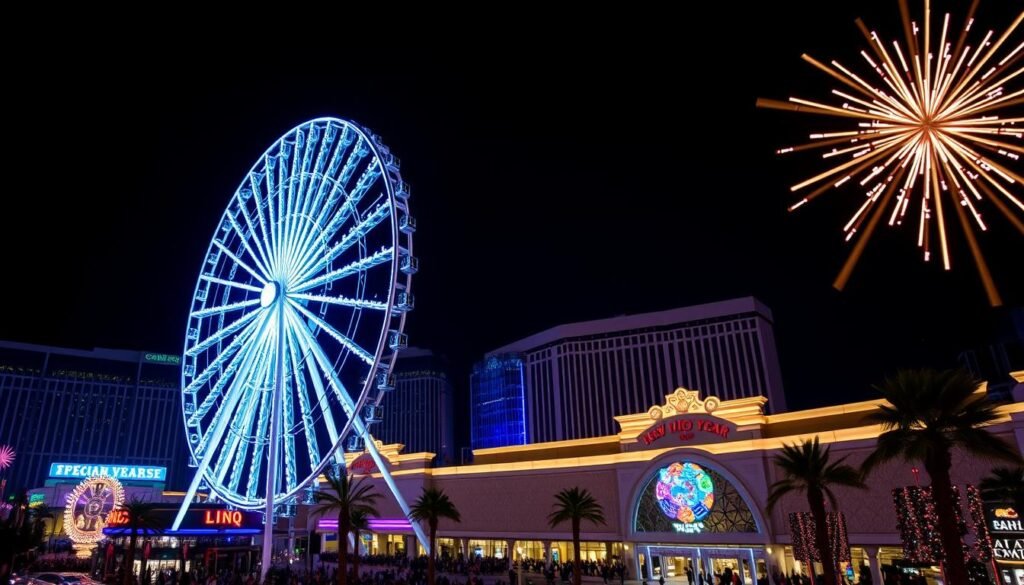 The LINQ High Roller observation wheel illuminated for New Year's Eve in Las Vegas